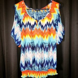 Unique Spectrum XL Cold Shoulder Top Elastic Hem Tie Dye Summer Print